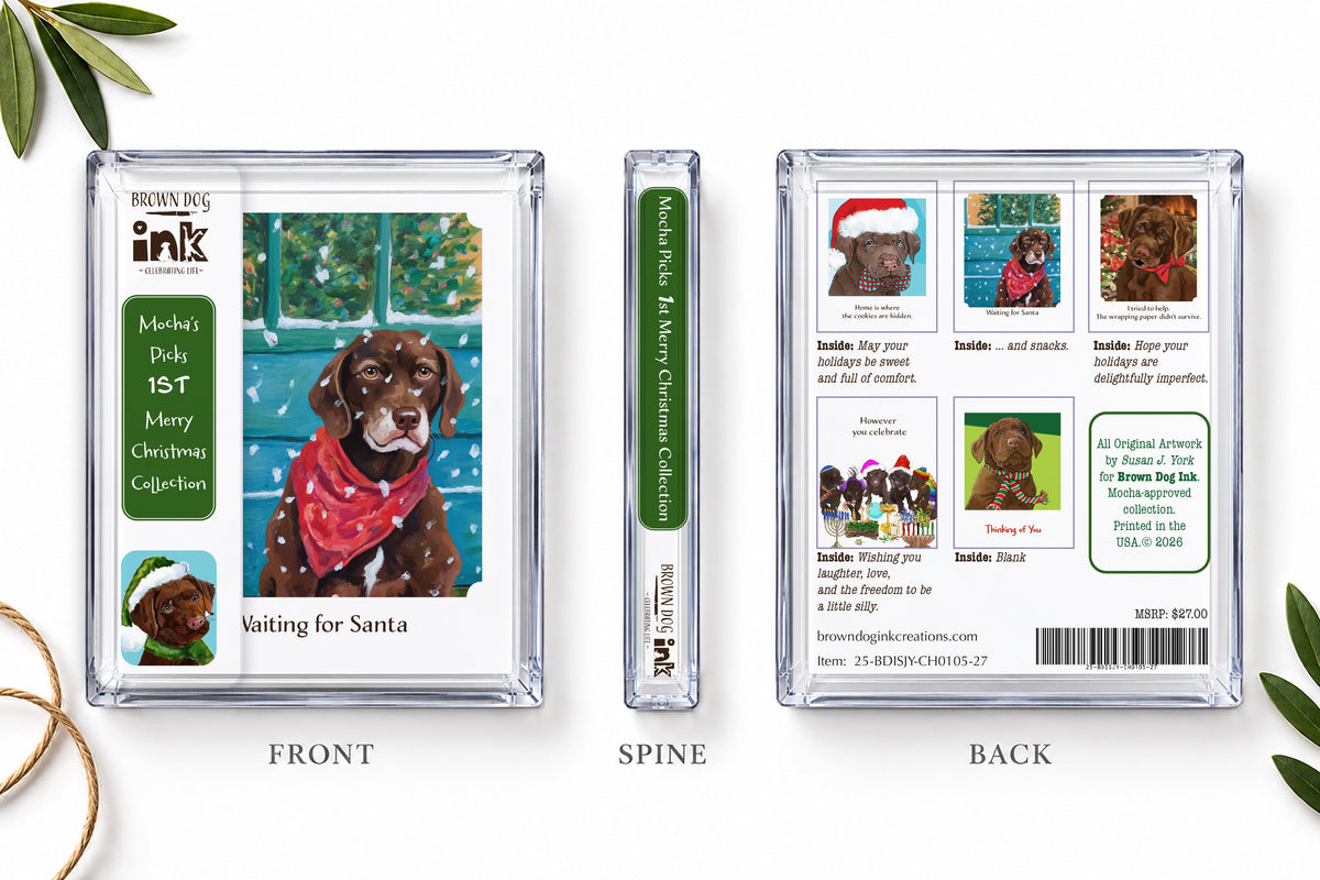 Brown Dog Ink’s Mocha’s Picks 1st Merry Christmas Collection shown in clear packaging from the front, spine, and back, featuring five Christmas dog greeting cards with original artwork by Susan J. York.