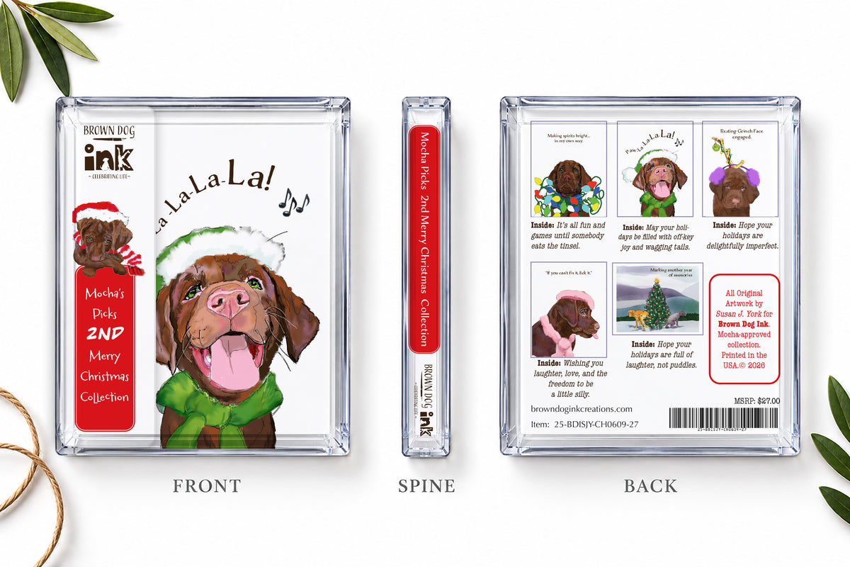 Mocha’s 2nd Merry Christmas Collection shown in clear packaging from the front, spine, and back, featuring five humorous Christmas dog greeting cards with original artwork by Susan J. York for Brown Dog Ink.