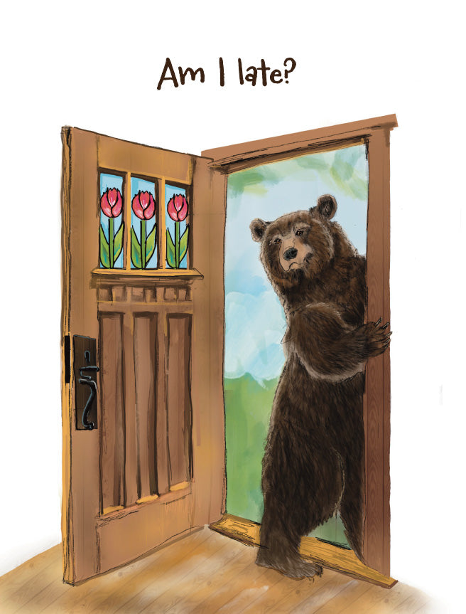 A whimsical illustration showing a brown bear standing inside an open wooden door, looking out with its front paws on the doorframe. The door has three small stained-glass flower panels with pink tulips.Original artwork by Susan J. York.