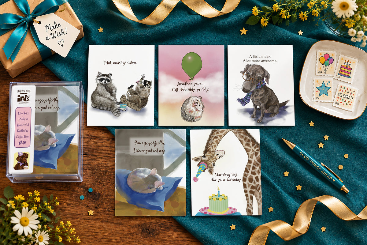 Brown Dog Ink Beautiful Birthday Collection #3 featuring five illustrated animal birthday cards with a cat, raccoons, hedgehog, dog and giraffe, displayed with the clear five-card collection box surrounded by flowers, gift, gold ribbons and stamps.  Original artwork by Susan J. York.