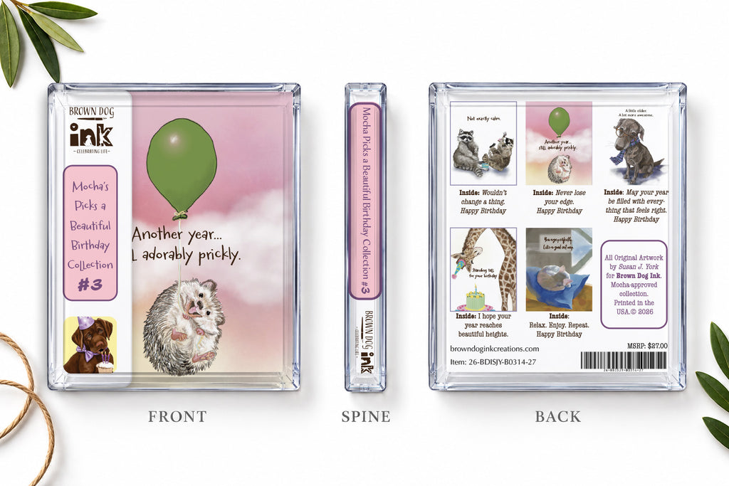 Brown Dog Ink Beautiful Birthday Collection #3 five-card set shown in clear packaging from the front, spine and back, featuring original illustrated animal birthday cards by Susan J. York.