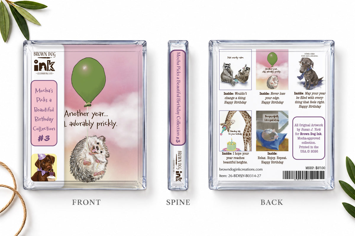 Brown Dog Ink Beautiful Birthday Collection #3 five-card set shown in clear packaging from the front, spine and back, featuring original illustrated animal birthday cards by Susan J. York.