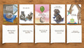 Brown Dog Ink Beautiful Birthday Collection #3 showing the fronts and inside messages of five illustrated animal birthday cards featuring a sleeping cat, raccoons, hedgehog, dog and giraffe. Original artwork by Susan J. York.