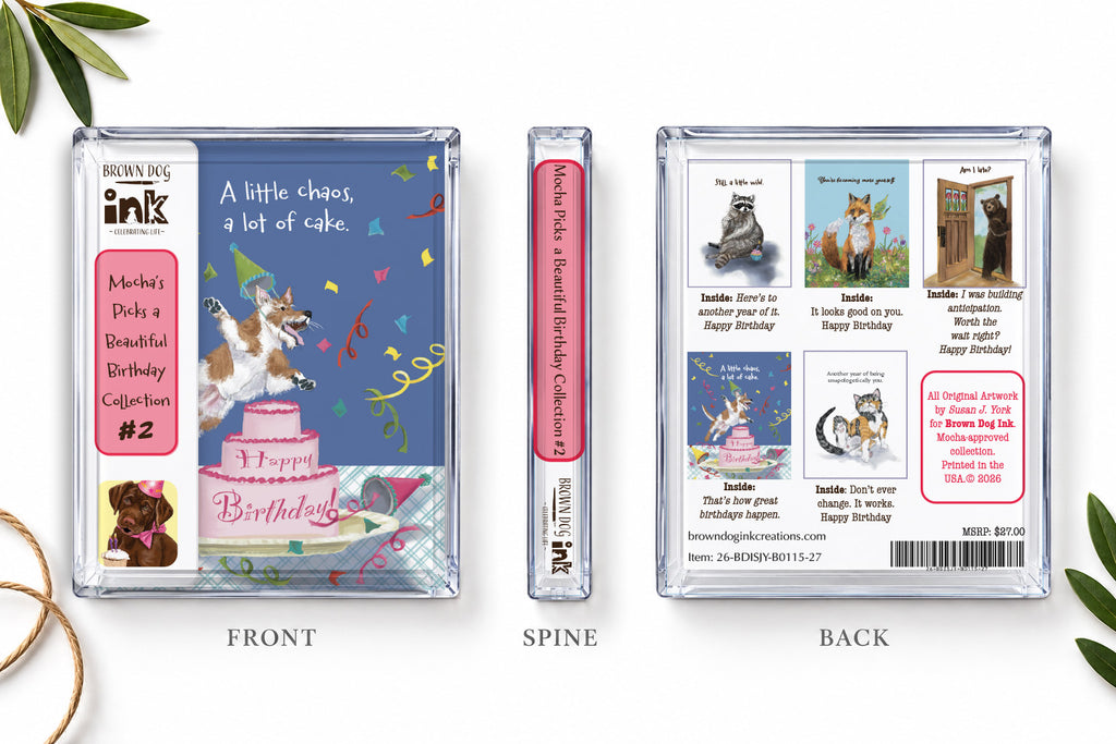 Brown Dog Ink Birthday Collection #2 clear card box shown from the front, spine, and back, featuring illustrated animal birthday cards by Susan J. York and their inside messages.