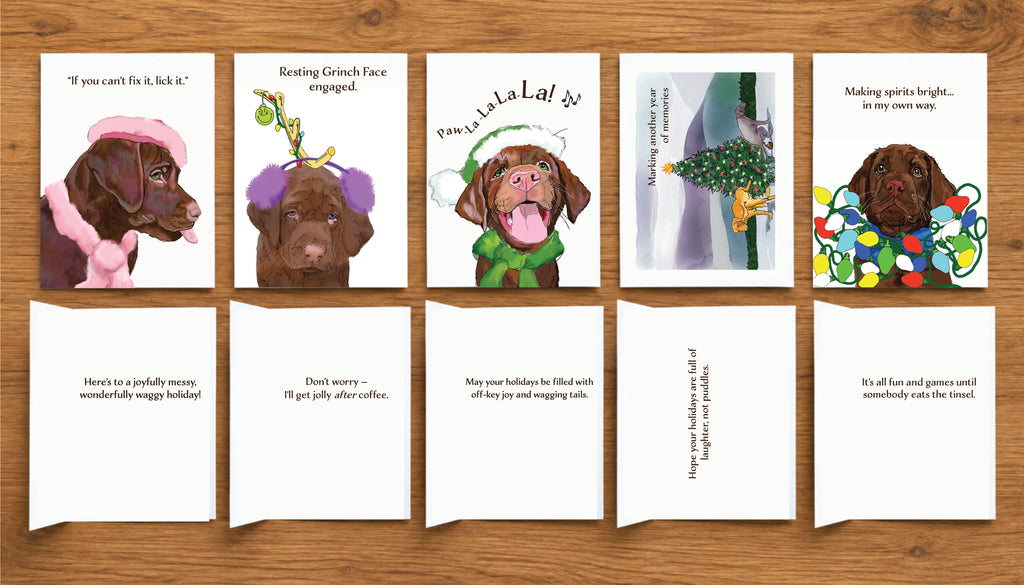 Mocha’s 2nd Merry Christmas Collection showing the fronts and inside messages of five humorous dog Christmas greeting cards featuring original artwork by Susan J. York for Brown Dog Ink.