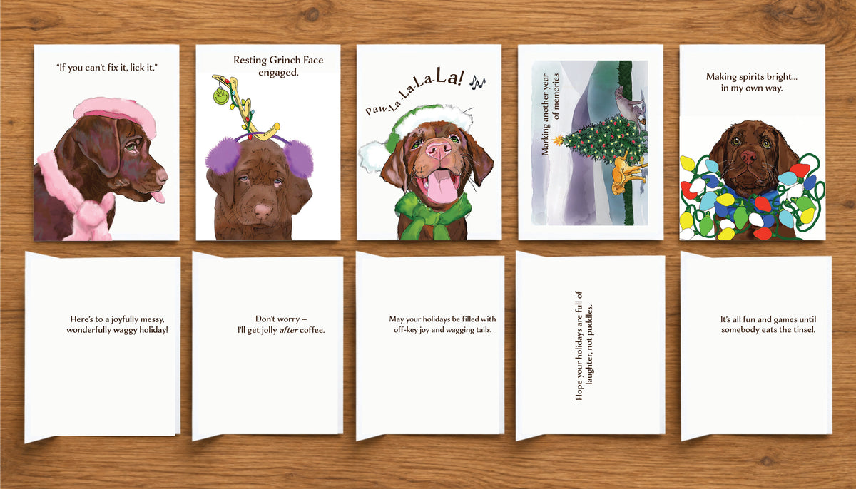 Mocha’s 2nd Merry Christmas Collection showing the fronts and inside messages of five humorous dog Christmas greeting cards featuring original artwork by Susan J. York for Brown Dog Ink.