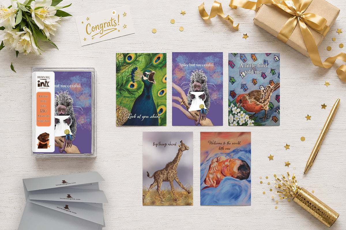 Life’s Big Moments collection of five illustrated greeting cards by Susan J. York for graduation, new baby, new home and congratulations.