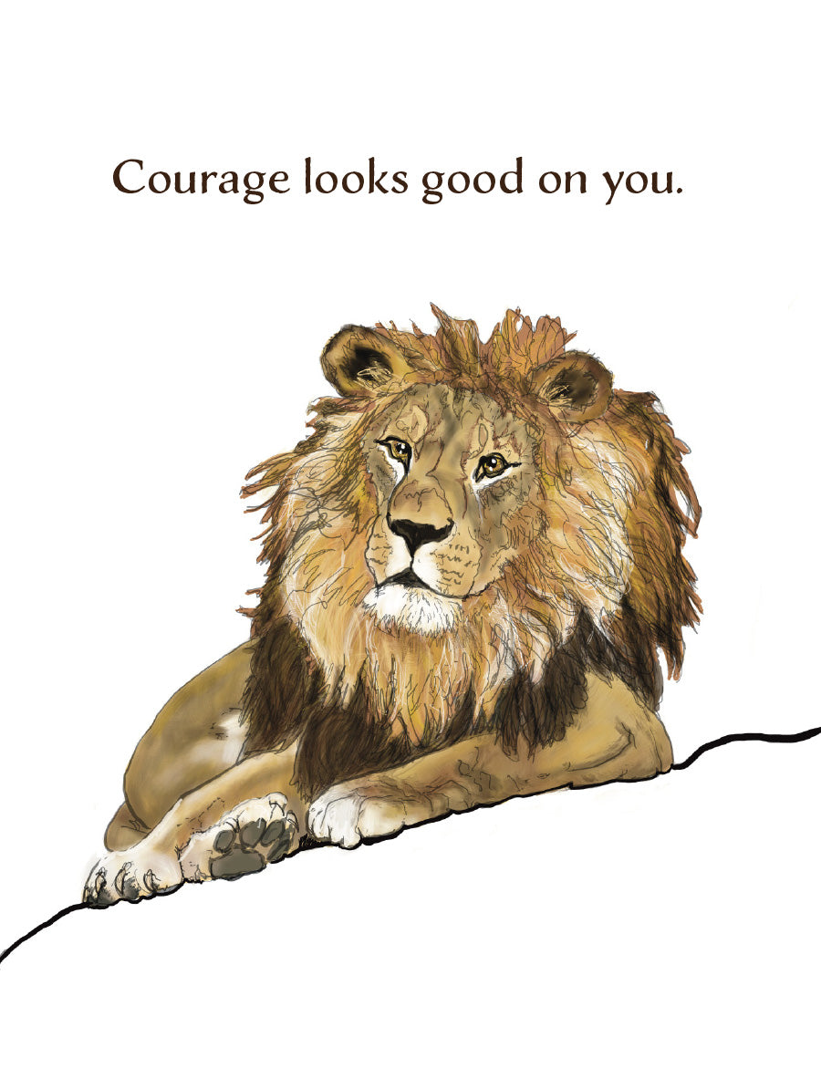 Courage Looks Good on You encouragement card featuring an illustrated lion resting confidently, with original artwork by Susan J. York.