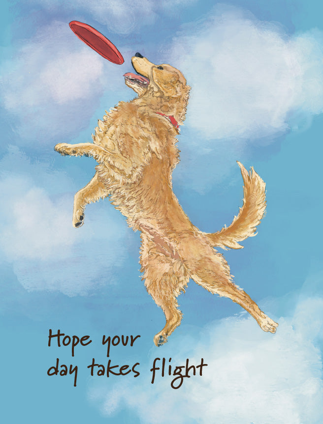 A watercolor-style illustration of a golden retriever jumping to catch a red frisbee against a blue sky with clouds. The text at the bottom reads, 'Hope your day takes flight. Original artwork by Susan J. York.
