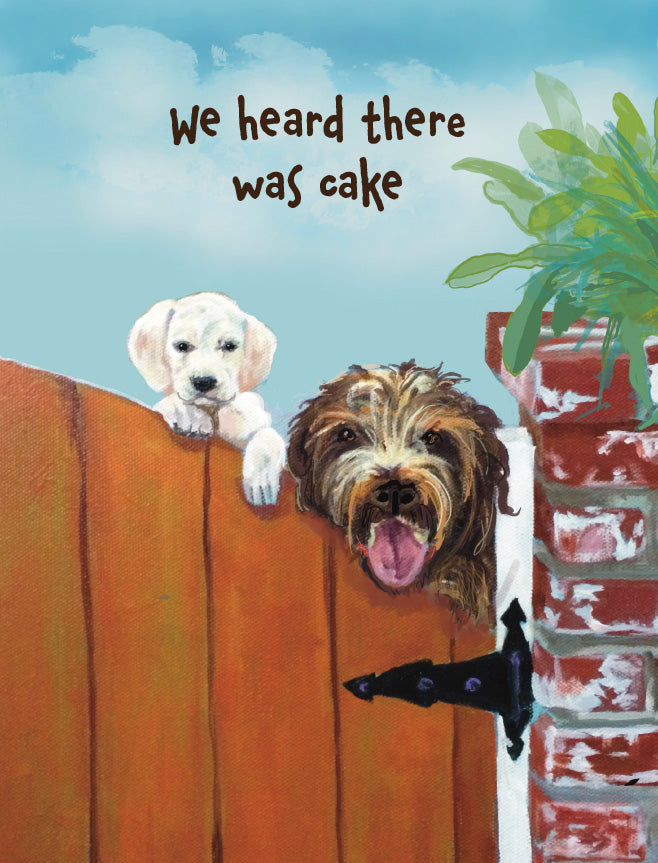 A square art print featuring a whimsical painting of two dogs behind a wooden fence. A white puppy is on the left, and a brown shaggy dog is on the right with its tongue out. Original artwork by Susan J. York.