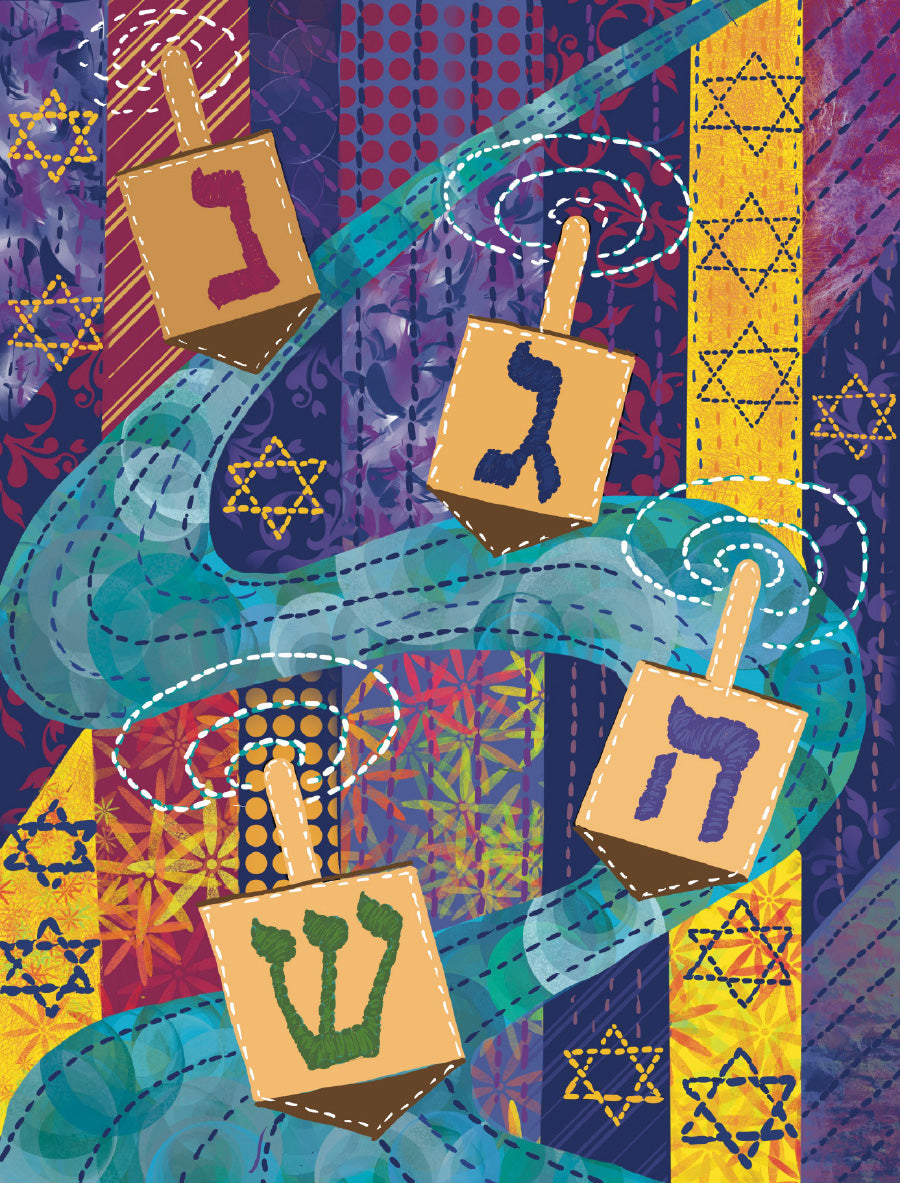 Quilt-inspired Hanukkah greeting card featuring four colorful spinning dreidels over a vibrant patchwork design with Stars of David and stitched details. Original illustrated artwork by Susan J. York for Brown Dog Ink.