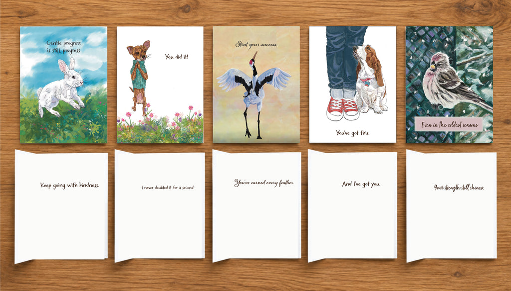 Encouraging Words #2 greeting card collection showing the fronts and interior messages of five original illustrated cards by Susan J. York, featuring a rabbit, Chihuahua, snow crane, beagle and redpoll.