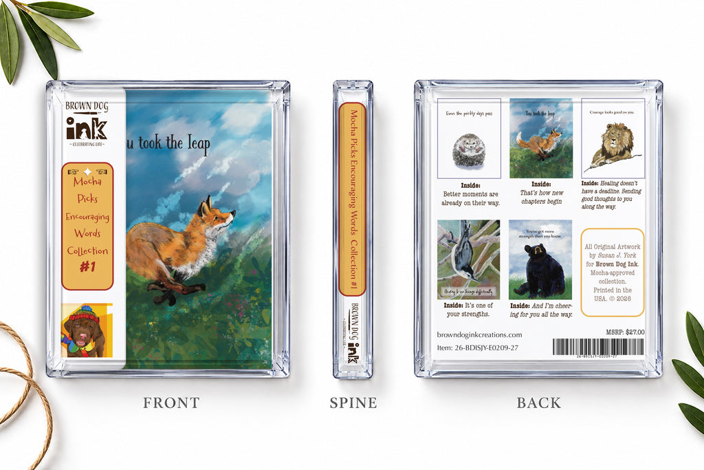 Brown Dog Ink encouraging words greeting card collection packaging shown from the front, spine and back, featuring five original illustrated animal cards by Susan J. York.