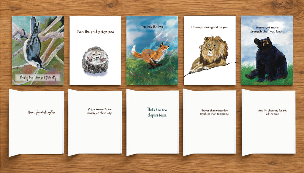 Life’s Big Moments greeting card collection showing the fronts and interior messages of five original illustrated cards by Susan J. York, featuring a nuthatch, hedgehog, fox, lion and bear.