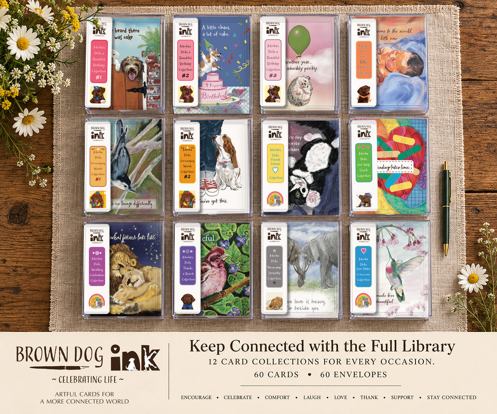 Brown Dog Ink Full Greeting Card Library featuring 12 curated card collections with 60 illustrated cards and 60 envelopes for birthdays, encouragement, friendship, get well, weddings, sympathy, love, thanks, and life’s big moments.