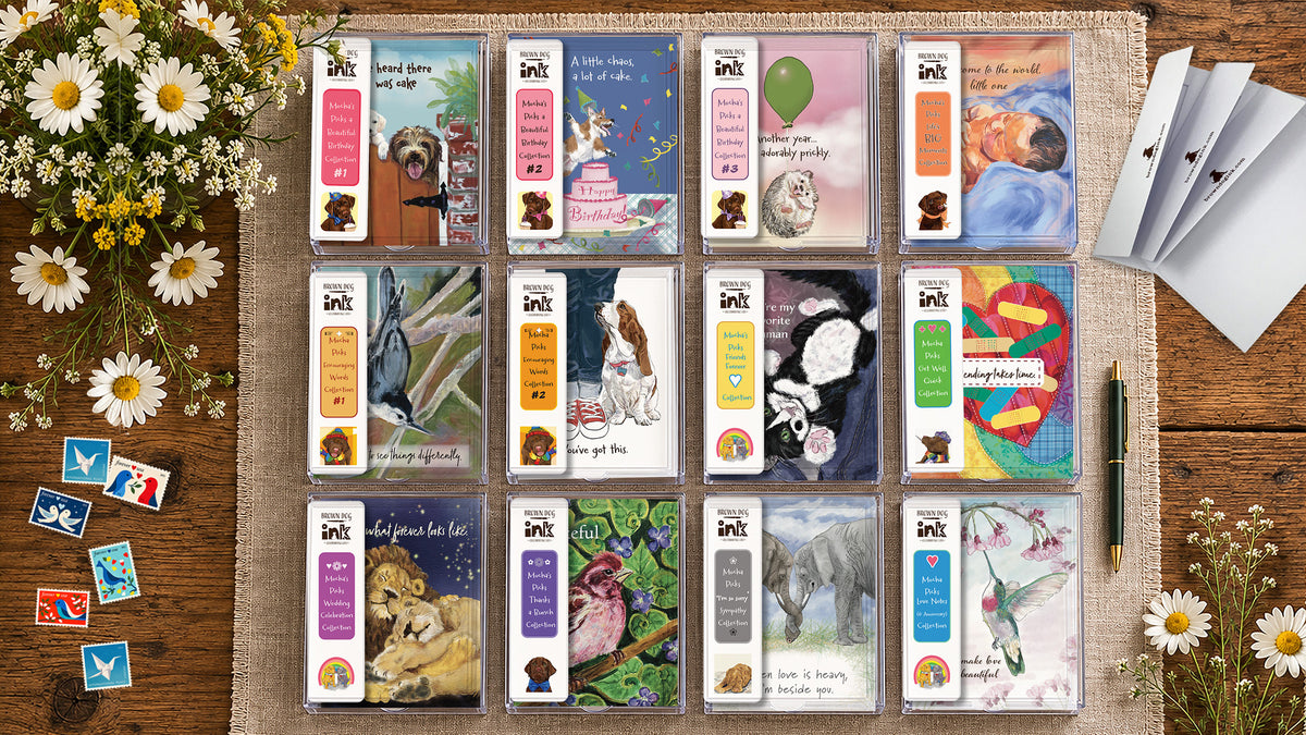 Brown Dog Ink greeting card collections featuring original illustrated birthday, encouragement, friendship, get well, sympathy, thank you and celebration cards by Susan J. York.