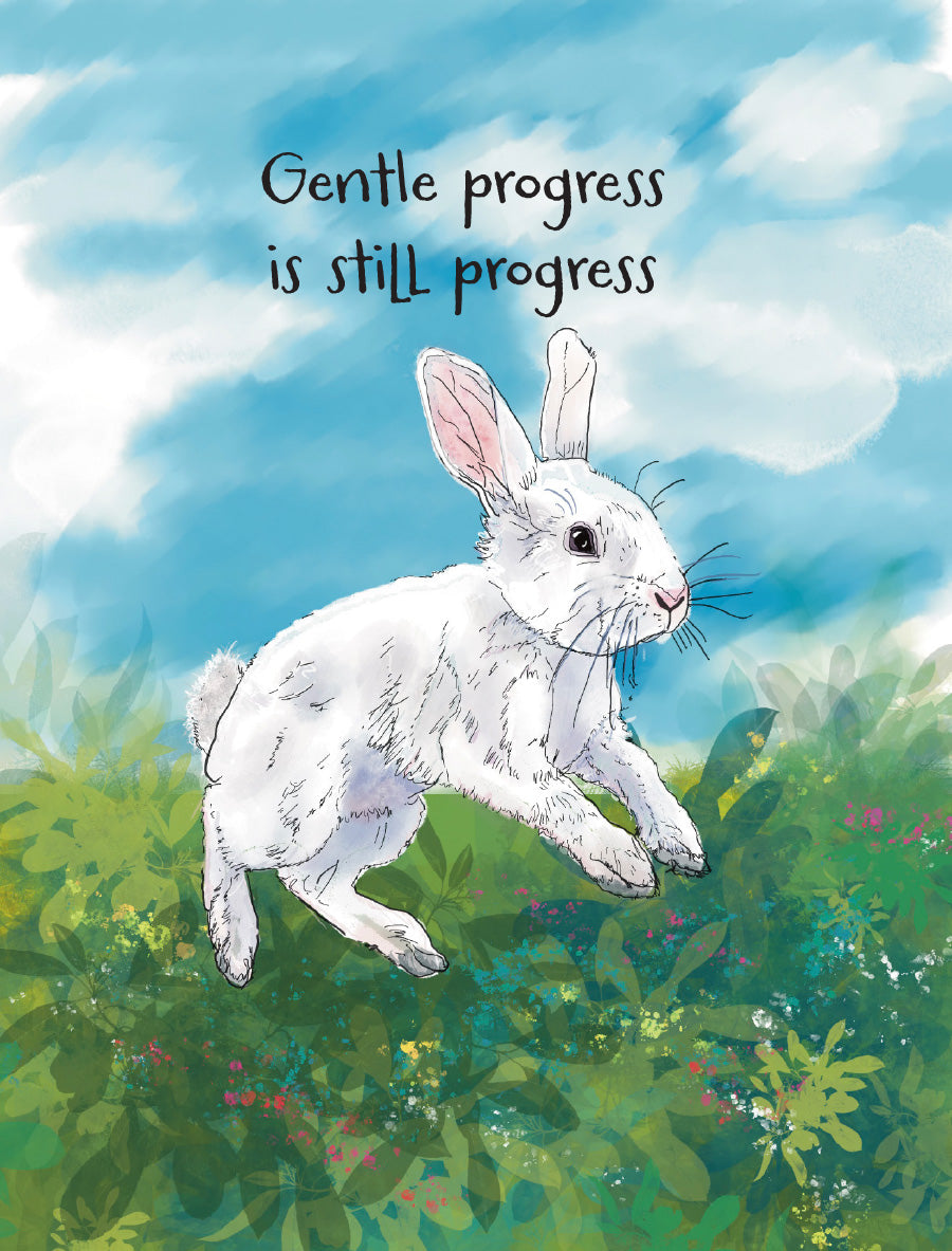 Gentle Progress Is Still Progress encouragement card featuring an illustrated white rabbit leaping through a colorful meadow beneath a blue sky, with original artwork by Susan J. York.