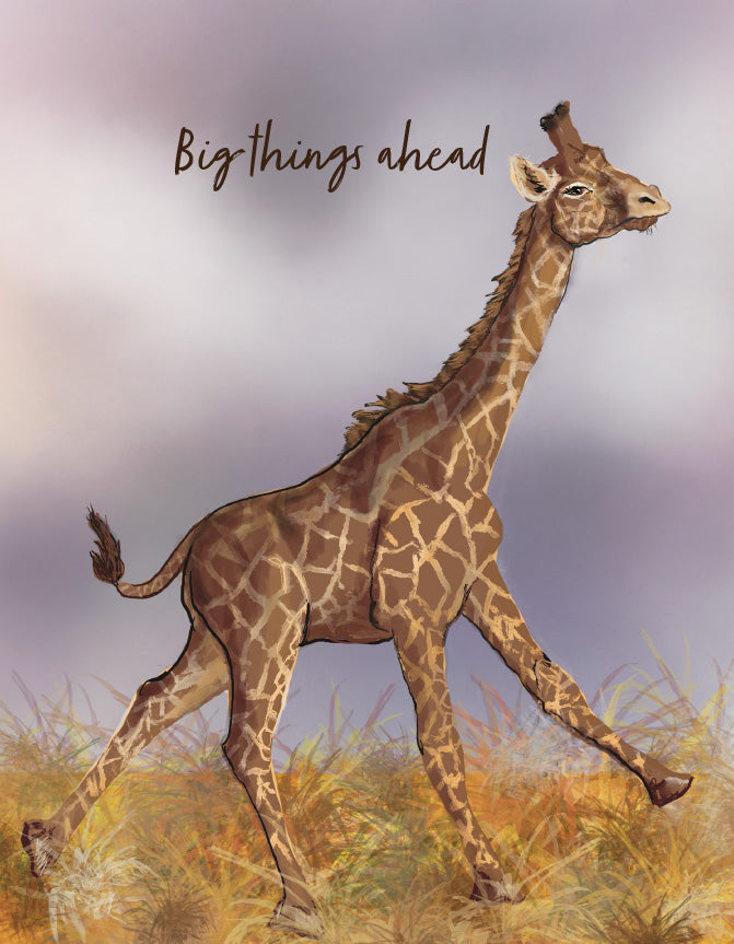 A stylized illustration of a giraffe walking through golden grass with the words 'Big-things ahead' above it, set against a soft purple and gray sky. Original artwork by Susan J. York.
