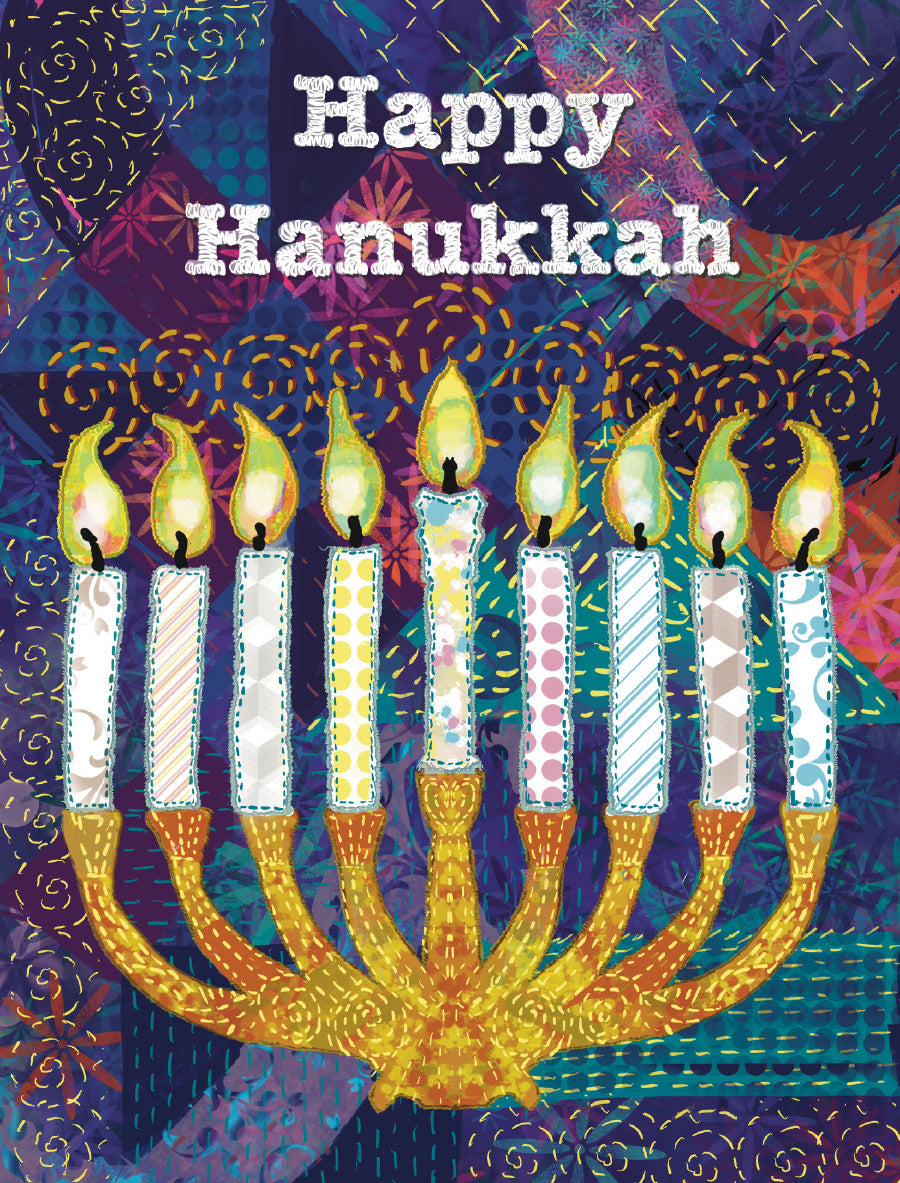Quilt-inspired Happy Hanukkah greeting card featuring a colorful nine-branched menorah with glowing patterned candles. Original illustrated artwork by Susan J. York for Brown Dog Ink.