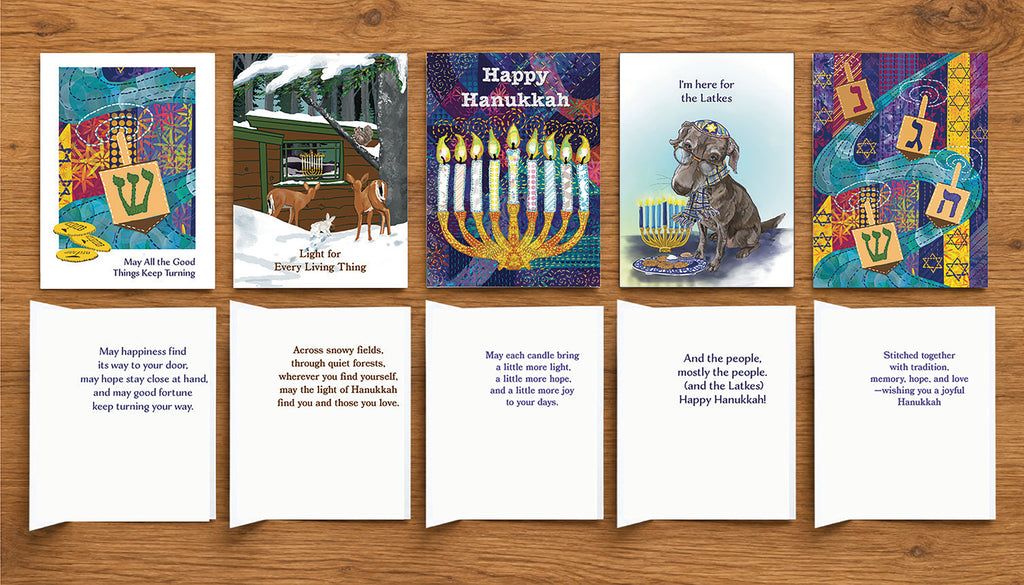 Fronts and interiors of five cards from Mocha’s Happy Hanukkah Collection, featuring illustrated menorah, dreidel, latke, dog and snowy wildlife designs with Hanukkah messages. Original artwork by Susan J. York.