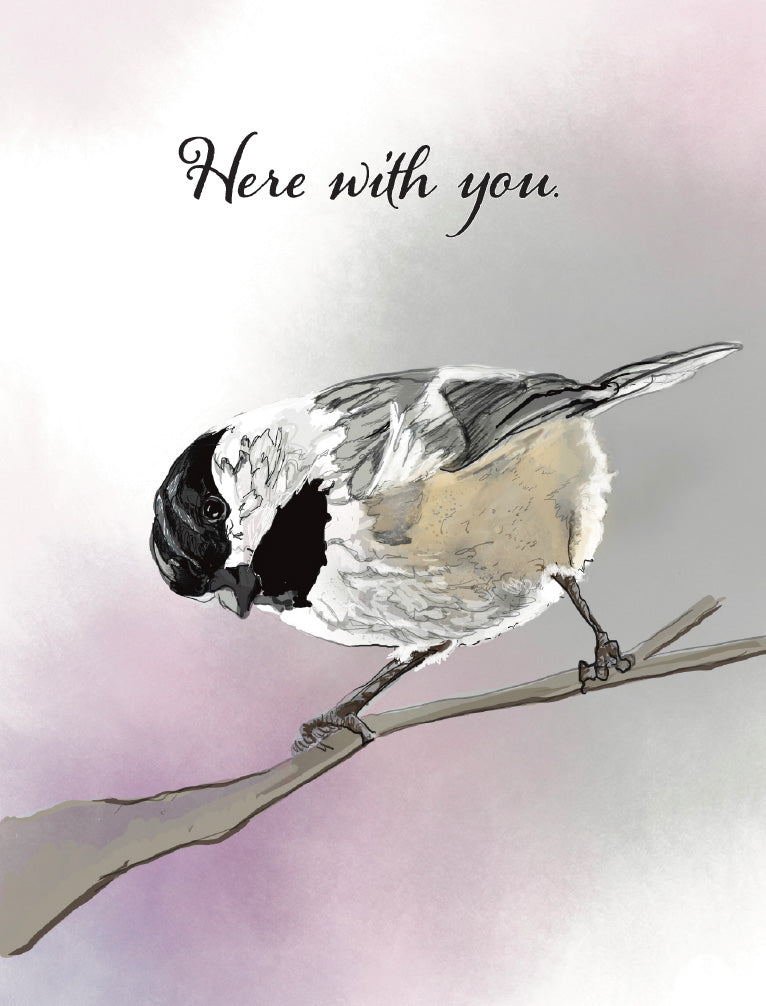 A watercolor-style illustration of a small black-and-white bird perched on a branch, with the words “Here with you.” above it on a soft pastel background. Original artwork by Susan J. York.