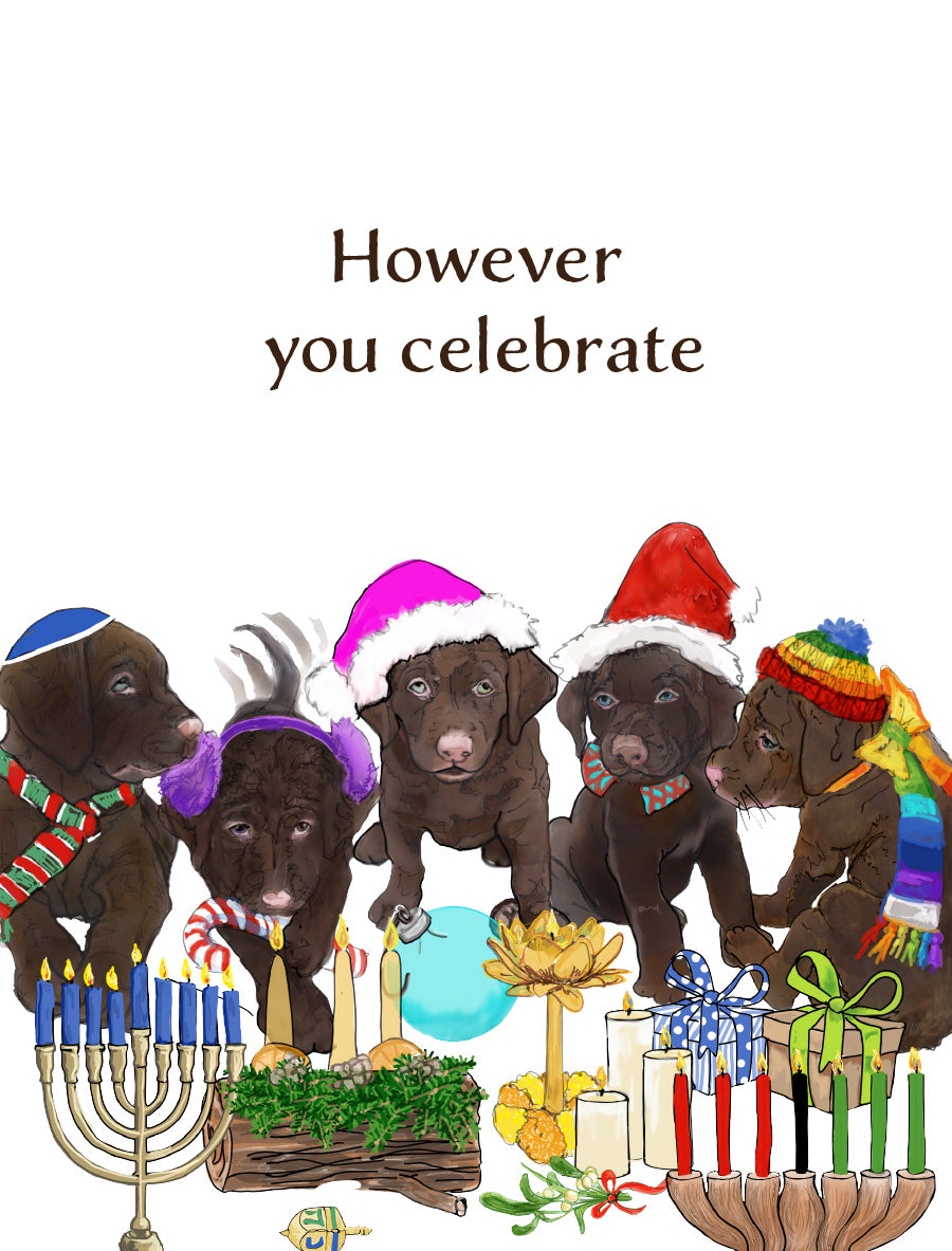A festive illustrated greeting card design with the text 'However you celebrate' above five chocolate Labrador retriever puppies wearing holiday hats and scarves, surrounded by Hanukkah menorahs, candles, gifts, and candy canes on a white background. Original artwork by Susan J. York.