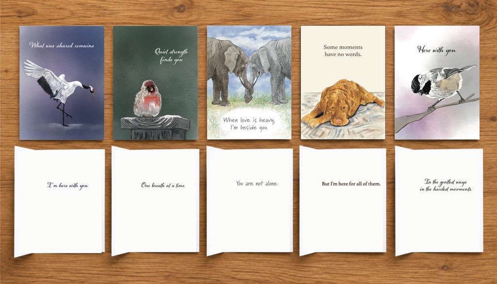 Brown Dog Ink I’m So Sorry Sympathy Collection showing the fronts and inside messages of five illustrated sympathy cards featuring a crane, redpoll, elephants, resting dog and chickadee. Original artwork by Susan J. York.