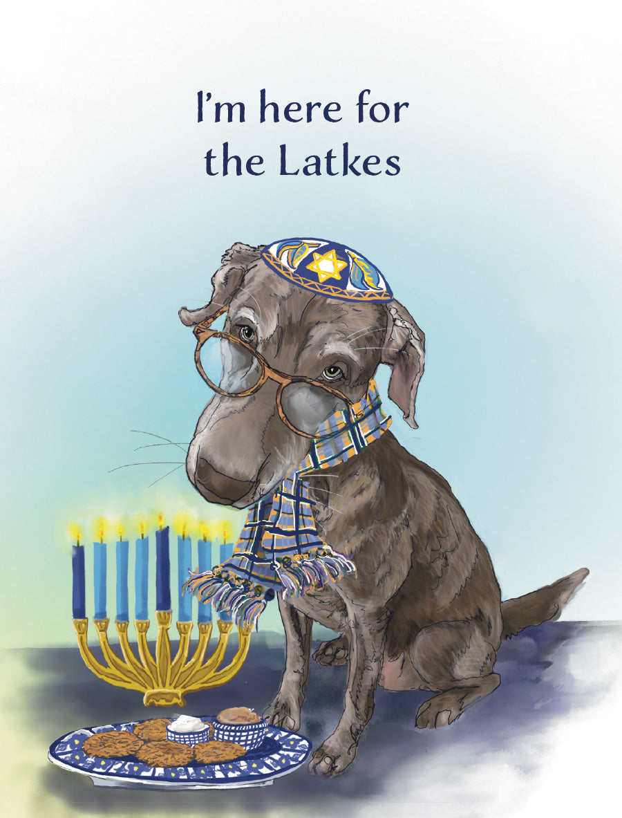 Whimsical Hanukkah greeting card featuring a brown dog in a kippah, glasses and scarf beside a glowing menorah and plate of latkes, with the words “I’m here for the Latkes.” Original illustrated artwork by Susan J. York for Brown Dog Ink.