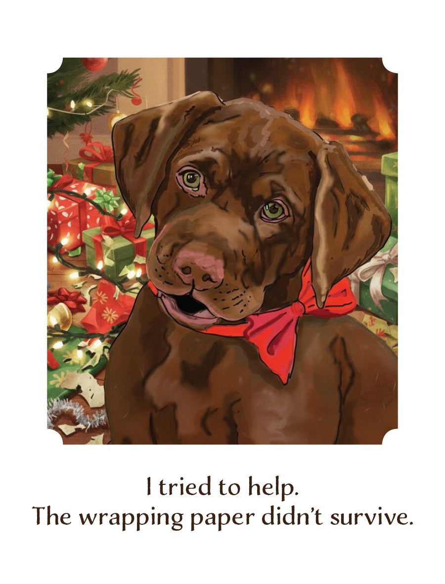 Original Christmas card artwork by Susan J. York featuring a brown dog in a red bow tie amid torn wrapping paper and gifts by a fireplace, with the words “I tried to help. The wrapping paper didn’t survive.”