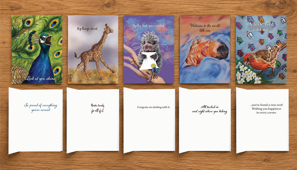 Life’s Big Moments collection showing five illustrated greeting cards by Susan J. York with their interior messages for graduation, new baby, new home and congratulations.