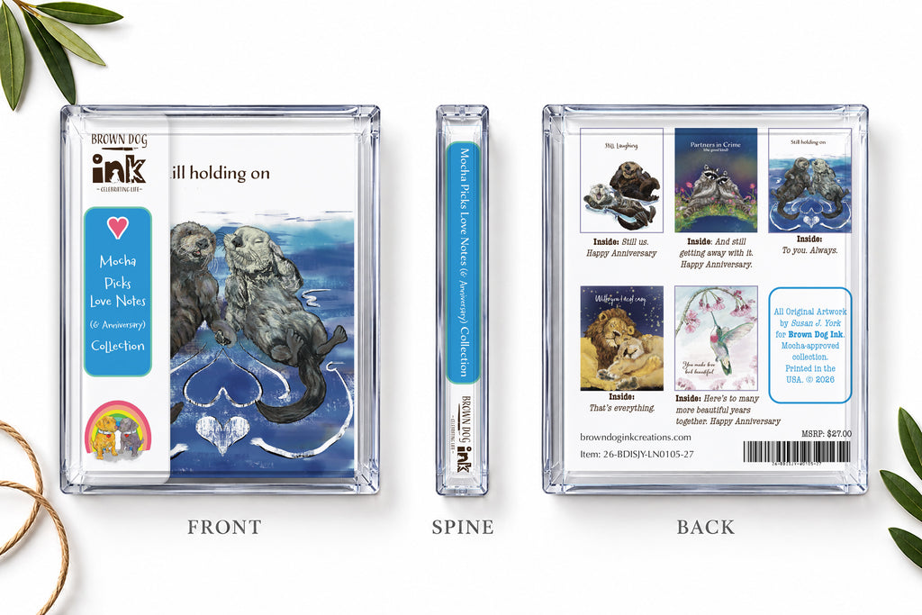 Brown Dog Ink Love Notes & Anniversary greeting card collection packaging shown from the front, spine and back, featuring otters holding hands and five original illustrated animal cards by Susan J. York.