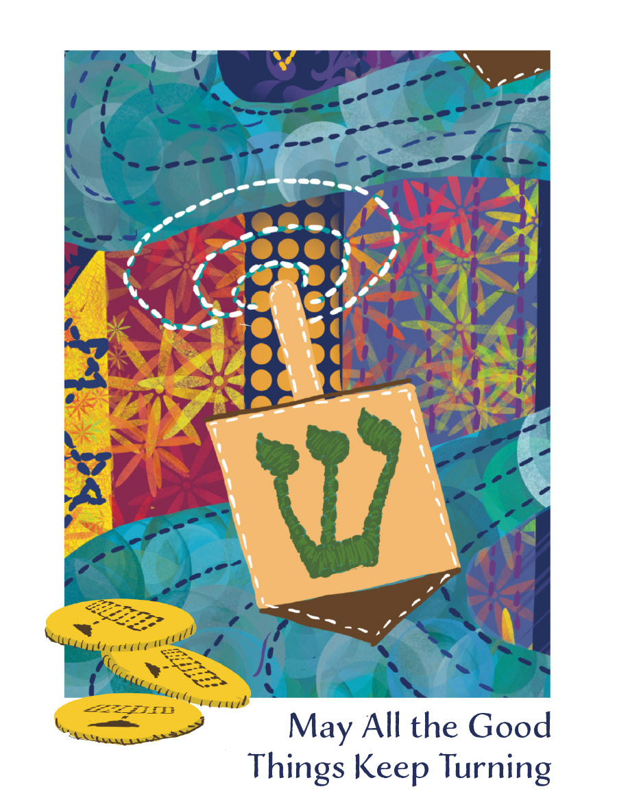 Colorful Hanukkah greeting card featuring a dreidel and gelt over a quilt-inspired patchwork background, with the words “May All the Good Things Keep Turning.” Original illustrated artwork by Susan J. York for Brown Dog Ink.