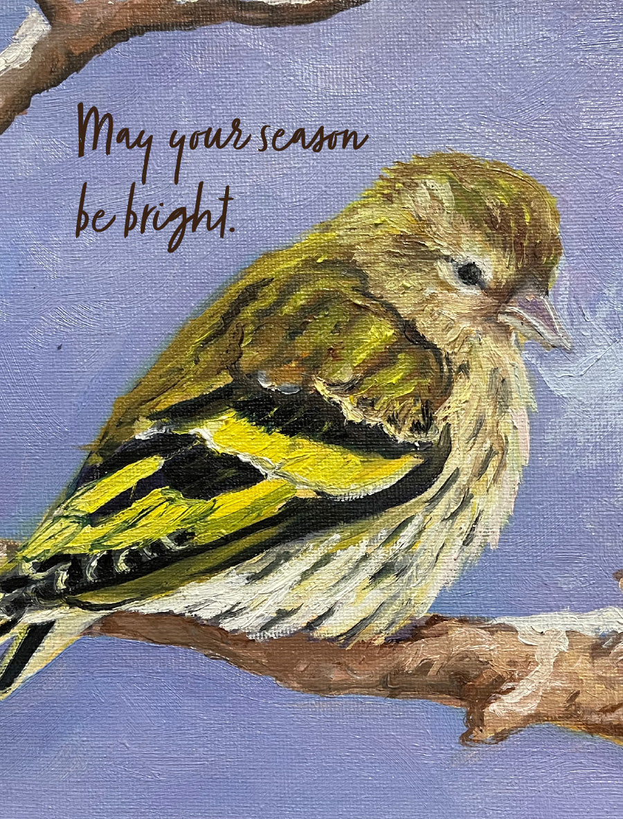 Original painting by Susan J. York of a yellow and black songbird perched on a branch, with the holiday message “May your season be bright.”