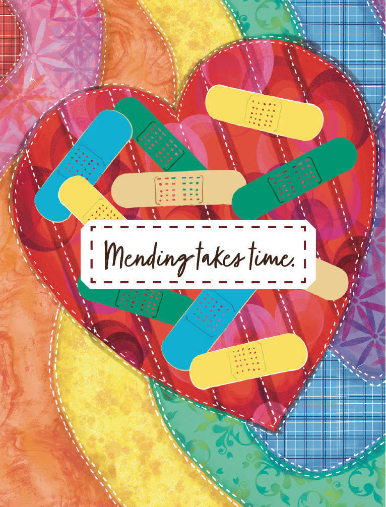 Mending Takes Time: Get-well greeting card featuring a colorful patchwork heart covered with bandages and the words “Mending takes time,” original artwork by Susan J. York.