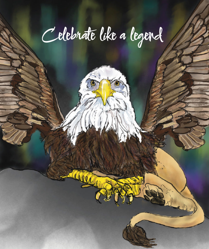 A stylized illustration of a bald eagle with wings spread, perched on a rock and holding a skull in its talons. The background is dark and blurred with green and purple tones, and the words 'Celebrate like a legend' appear across the top. Original artwork by Susan J. York.