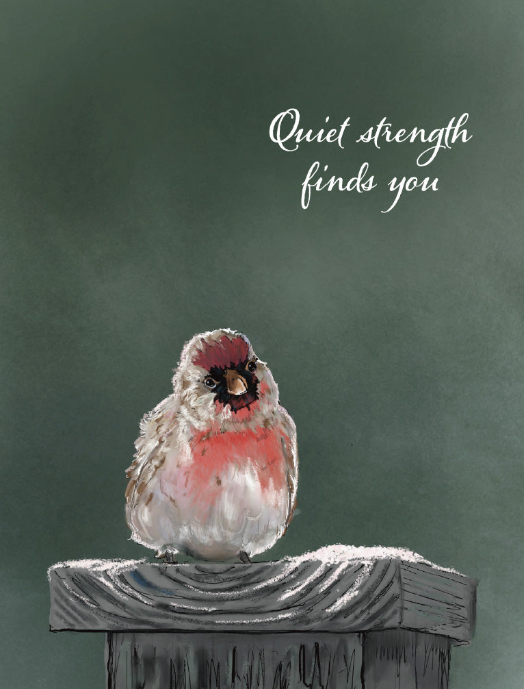 A watercolor-style art print featuring a small bird perched on a wooden post against a dark green background, with the white script text 'Quiet strength finds you' in the upper right. Original artwork by Susan J. York.