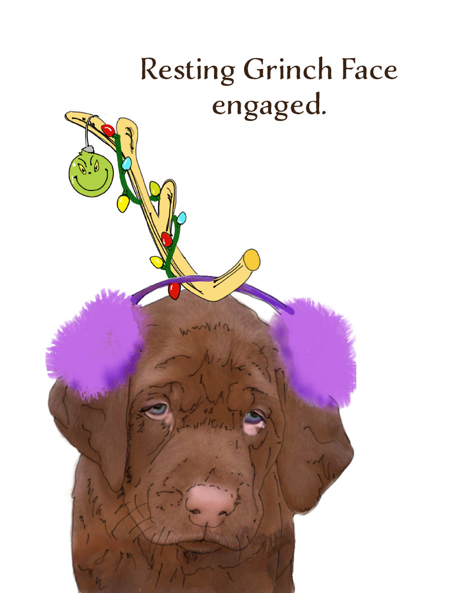 Humorous Christmas dog greeting card featuring original artwork by Susan J. York of a sleepy brown puppy wearing purple earmuffs and light-wrapped antlers with a Grinch ornament, with the message “Resting Grinch Face engaged.”