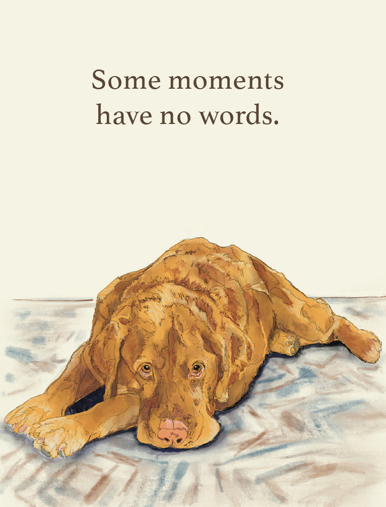 A square art print featuring a watercolor-style illustration of a golden-brown dog lying down on a patterned blanket, with the text 'Some moments have no words.' printed above in brown serif lettering on an off-white background. Original artwork by Susan J. York.