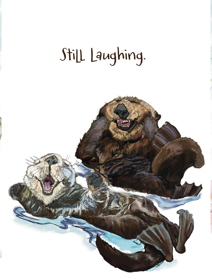 A watercolor-style illustration of two sea otters on a white background, with the text 'Still Laughing.' above them, original artwork by Susan J. York.