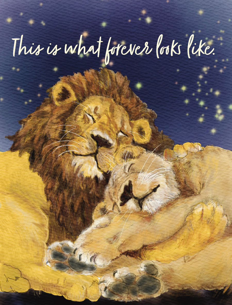Illustrated wedding card by Susan J. York featuring a lion and lioness cuddled together beneath a starry sky, with the message “This is what forever looks like.”