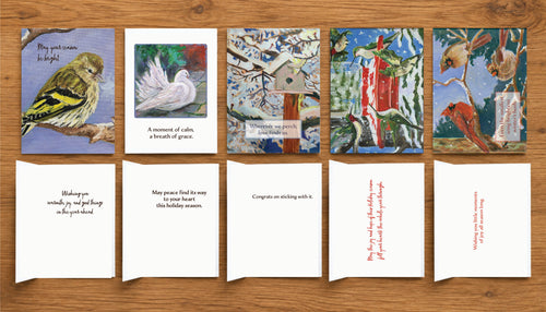 Five illustrated bird holiday cards from Brown Dog Ink’s A “Tweet” Holidays Collection, showing original artwork by Susan J. York alongside the coordinating interior messages.