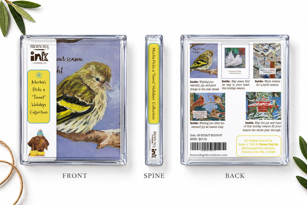 Front, spine, and back views of Brown Dog Ink’s A “Tweet” Holidays five-card collection box, featuring original bird artwork by Susan J. York and the five coordinating holiday card designs.