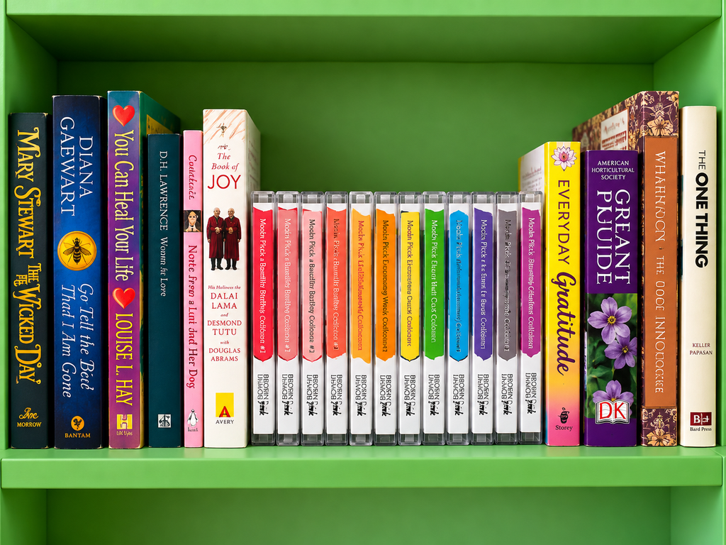 Brown Dog Ink Full Greeting Card Library displayed upright like books on a bright green bookshelf, with 12 colorful Mocha’s Picks card collections ready for birthdays, encouragement, friendship, sympathy, love, and other occasions.