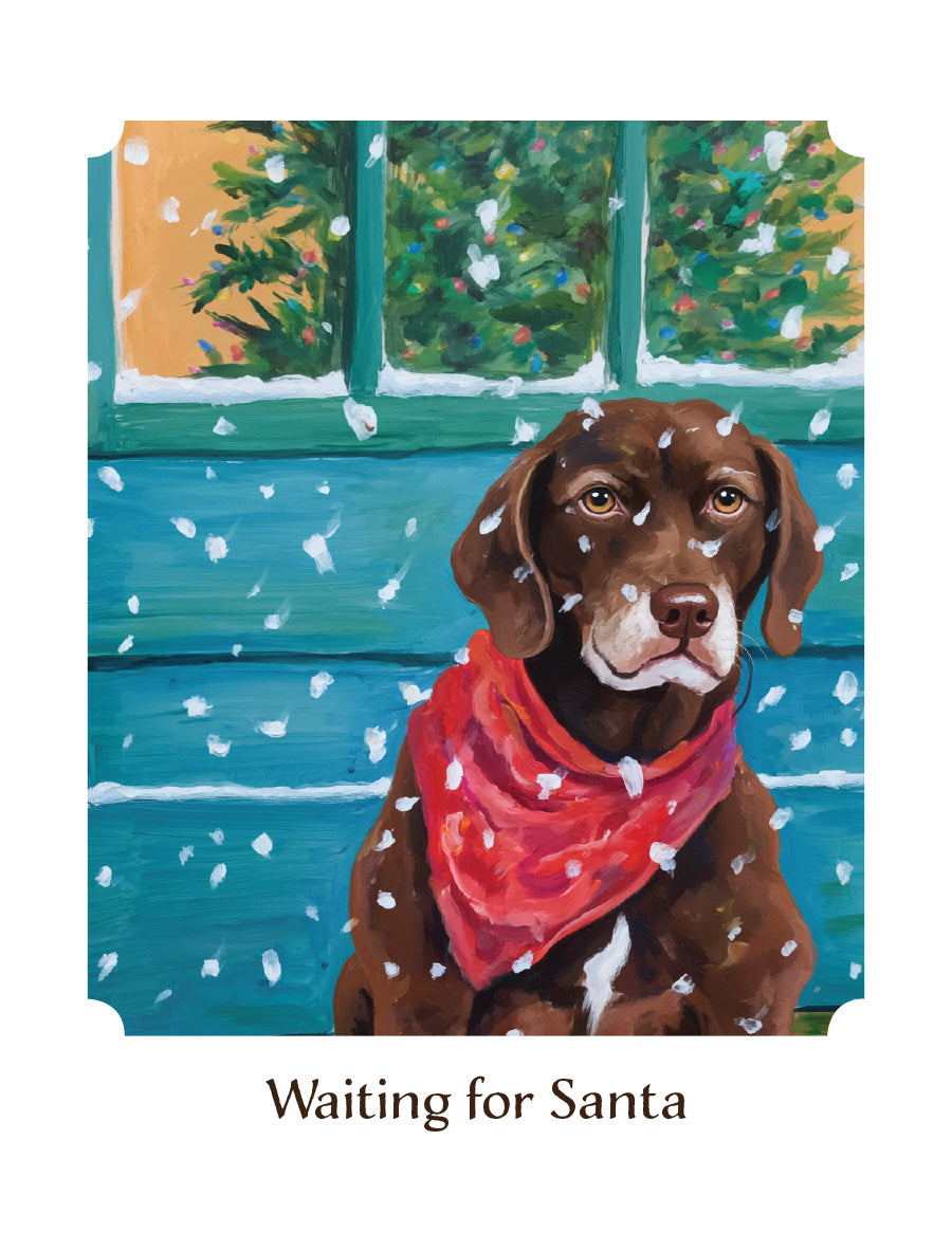 Original Christmas card artwork by Susan J. York featuring a brown dog in a red bandana sitting in falling snow, with a decorated Christmas tree glowing through the window and the words “Waiting for Santa.”