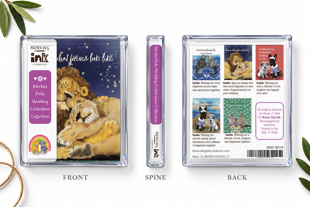 Brown Dog Ink Wedding Celebration greeting card collection packaging shown from the front, spine and back, featuring five original illustrated cards by Susan J. York.