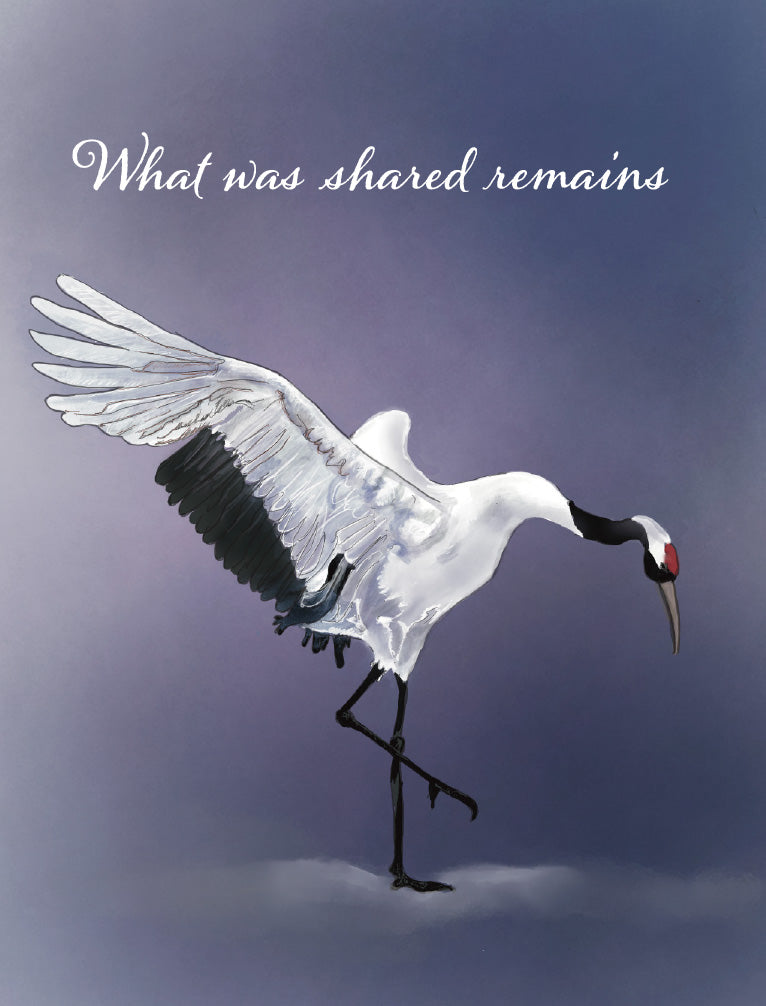 A square art print featuring a white crane with black wings and legs, bending down in a graceful pose against a soft purple-blue gradient background. The white script text 'What was shared remains' is written at the top. Original artwork by Susan J. York.