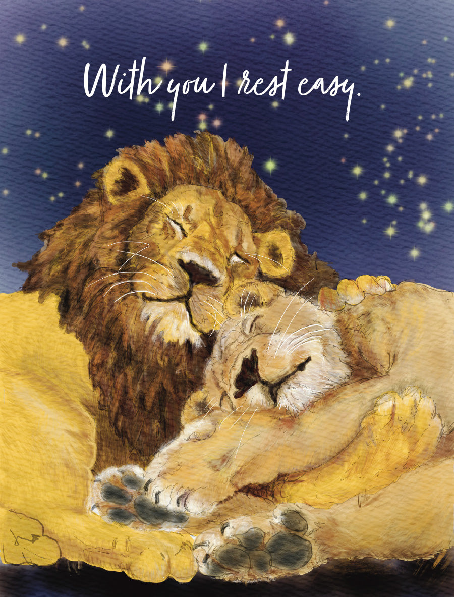 With You I Rest Easy anniversary card featuring an illustrated lion couple cuddled peacefully together beneath a starry night sky, original artwork by Susan J. York.