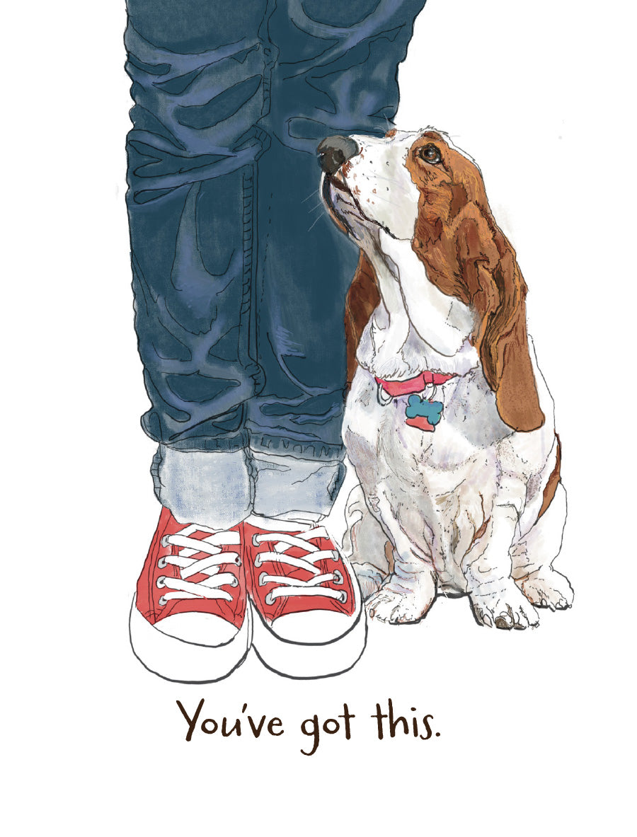 You’ve Got This encouragement card featuring an illustrated beagle looking up loyally beside a person in jeans and red sneakers, with original artwork by Susan J. York.