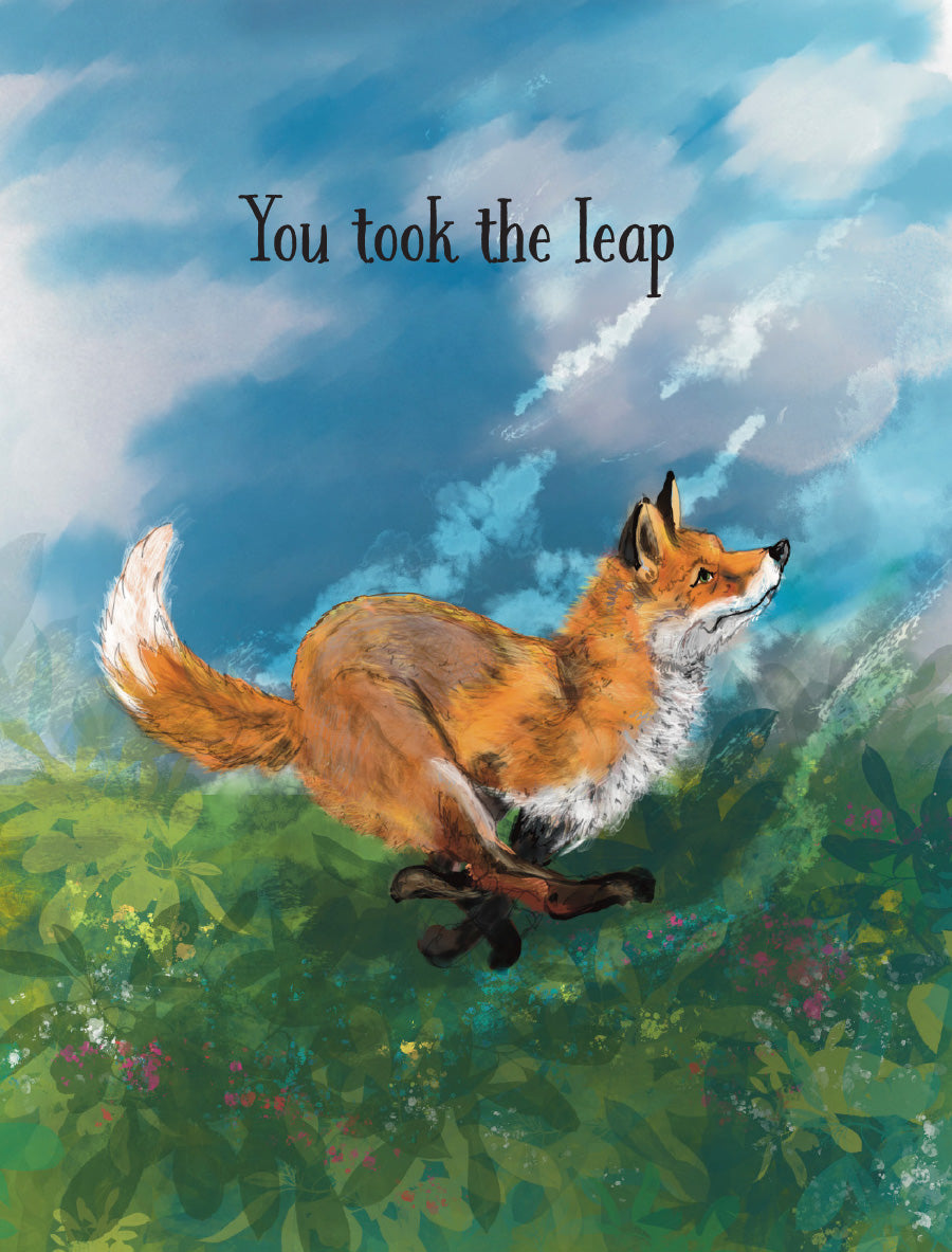 You Took the Leap encouragement card featuring an illustrated red fox leaping forward against a bright blue sky, with original artwork by Susan J. York.
