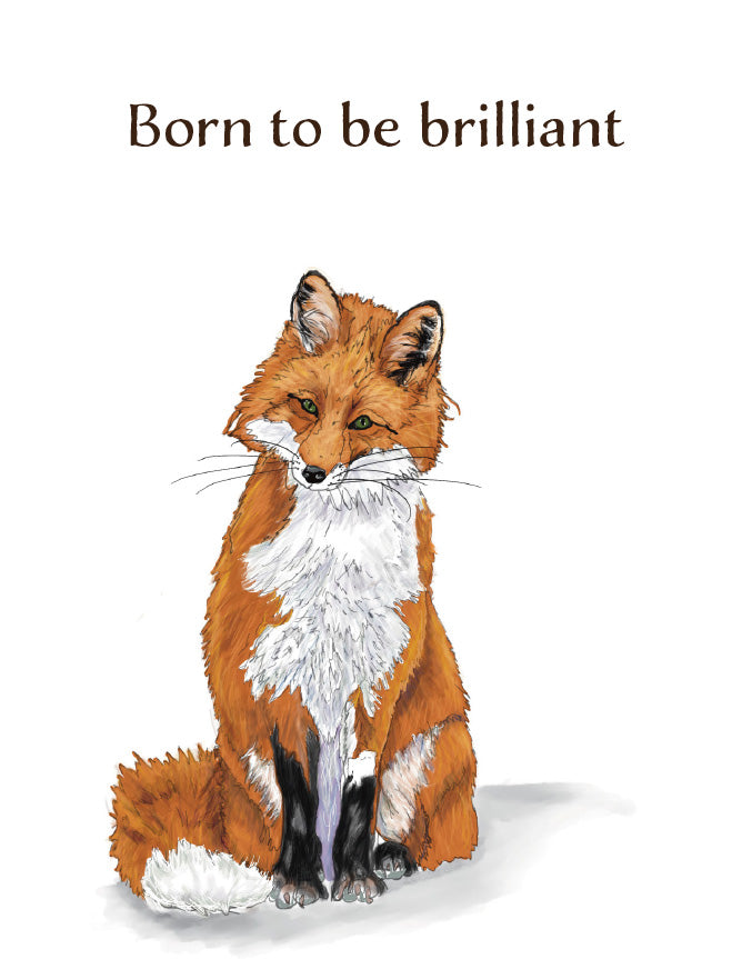 A fox illustration on a white background with the text 'Born to be brilliant' above it. The fox is drawn in orange, white, black, and brown tones and is sitting facing forward. Original artwork by Susan J. York.
